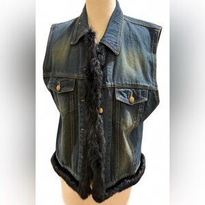 Mix It Denim Vest Black Faux Fur Trim Sleeveless Button Front Women’s Size XL